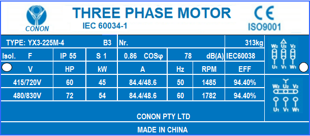 4 poles 45kw 60HP1400rpm shaft 60mm Induction Electric motor 3 phase 415v compressor fan