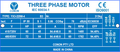 4 poles 45kw 60HP1400rpm shaft 60mm Induction Electric motor 3 phase 415v compressor fan