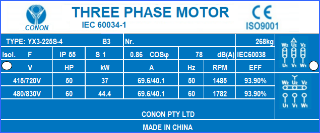 4 poles 37kw 50HP1400rpm shaft 60mm Induction Electric motor