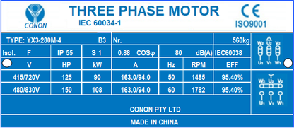4 poles 90kw 120HP1400rpm shaft 75mm Induction Electric motor 3 phase 415v compressor fan
