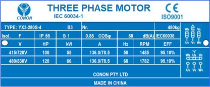 4 poles 75kw 100HP1400rpm shaft 75mm Induction Electric motor 3 phase 415v compressor fan