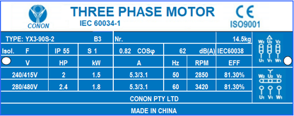YX3 1.5kw 2HP 2800rpm shaft 24mm Electric motor Three-phase 415V/240V air compressor