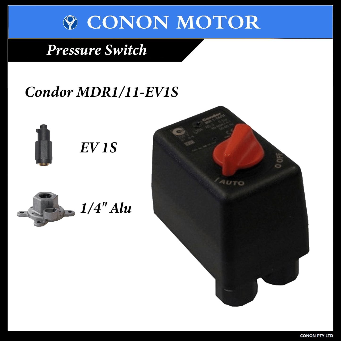 Condor MDR 1/11 EV1S Pressure switch Single outlet 1/4" Alu unloader valves