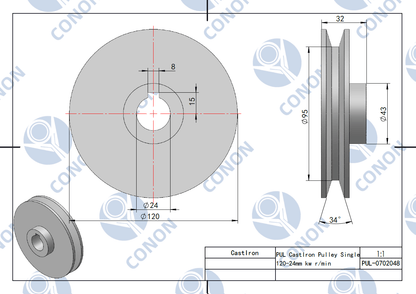 Pulley 120mm shaft size 24mm Single Groove Belt Drive pulley