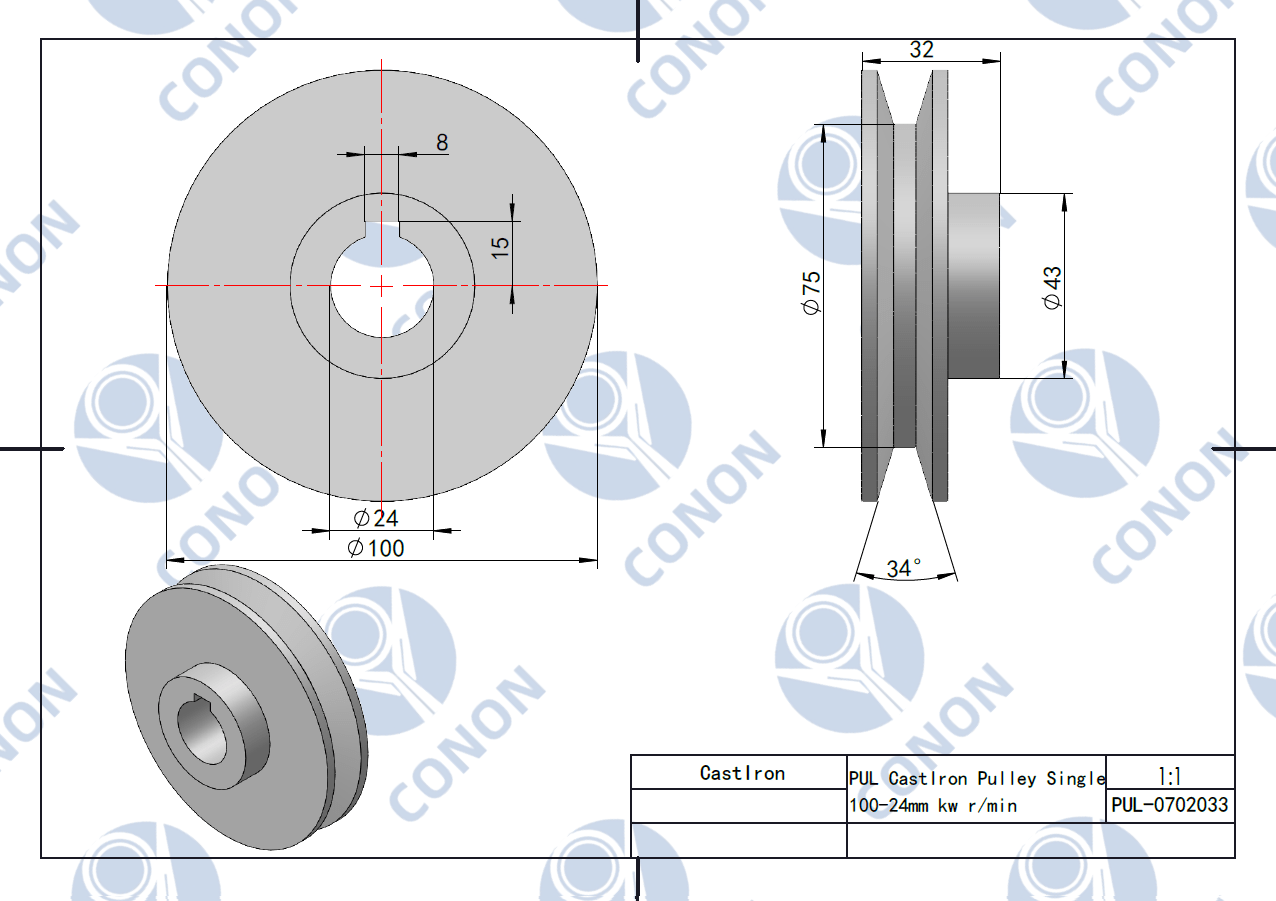 Single-groove Pulley 100mm shaft size 24mm for electric motor