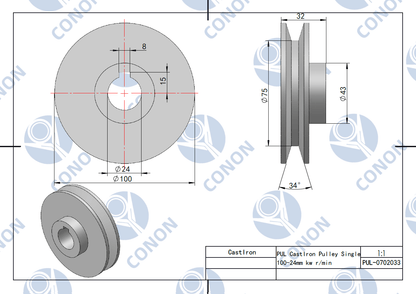 Single-groove Pulley 100mm shaft size 24mm for electric motor